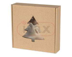 Karton pudełko ozdobne świąteczne brązowe 200x200x50 mm z okienkiem CHOINKA