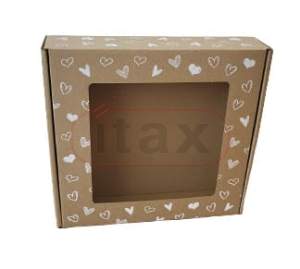 Karton pudełko ozdobne brązowe  200x200x50mm z okienkiem biały nadruk serduszka