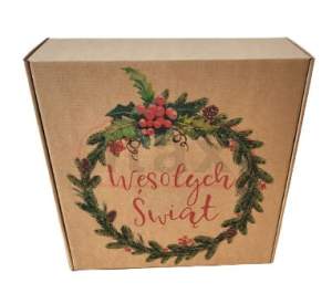 Pudełko ozdobne fasonowe brązowe 300x300x110mm z nadrukiem świątecznym - wieniec
