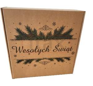 Pudełko ozdobne fasonowe brązowe 300x300x110mm z nadrukiem świątecznym - gałązka