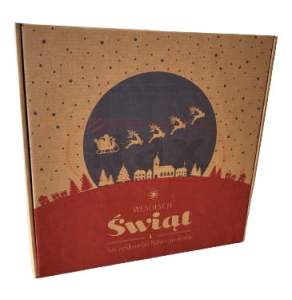 Pudełko ozdobne fasonowe brązowe 300x300x110mm z nadrukiem świątecznym - sanie