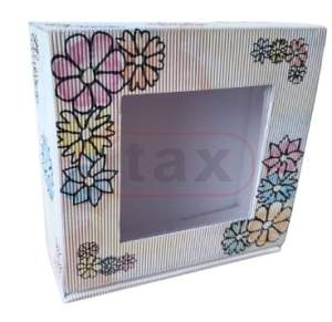 Karton pudełko ozdobne białe 150x140x55mm z okienkiem fala EF karbowany z nadrukiem kwiatki 4w fasonowe