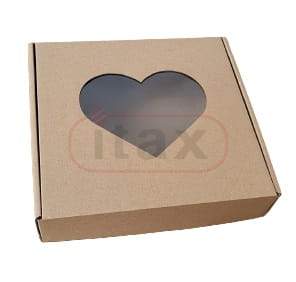 Karton pudełko ozdobne brązowe 200x200x50 mm z okienkiem SERCE