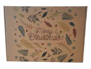 Pudełko ozdobne fasonowe brązowe 350x250x90mm z nadrukiem świątecznym MARRY CHRISTMAS