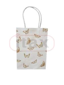 Torebka papierowa 21x15x8 cm z uchwytem skręcanym biała z nadrukiem złote motyle