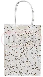 Torebka papierowa 21x15x8 cm z uchwytem skręcanym biała z nadrukiem brokat