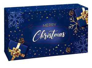 Pudełko ozdobne fasonowe granatowe 360x260x93mm z nadrukiem MERRY CHRISTMAS - idealny na 3 butelki