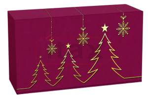 Pudełko ozdobne fasonowe bordowe 360x192x93mm z nadrukiem złote choinki - idealny na 2 butelki