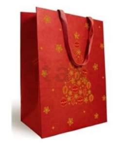 Torebka papierowa 25x10x22 cm KREAT CZERWONA z uchwytem (tasiemka) nadruk świąteczny 