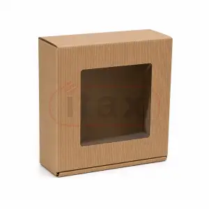 Karton pudełko ozdobne brązowe 250x240x80mm z okienkiem fala EF karbowany 4w fasonowe