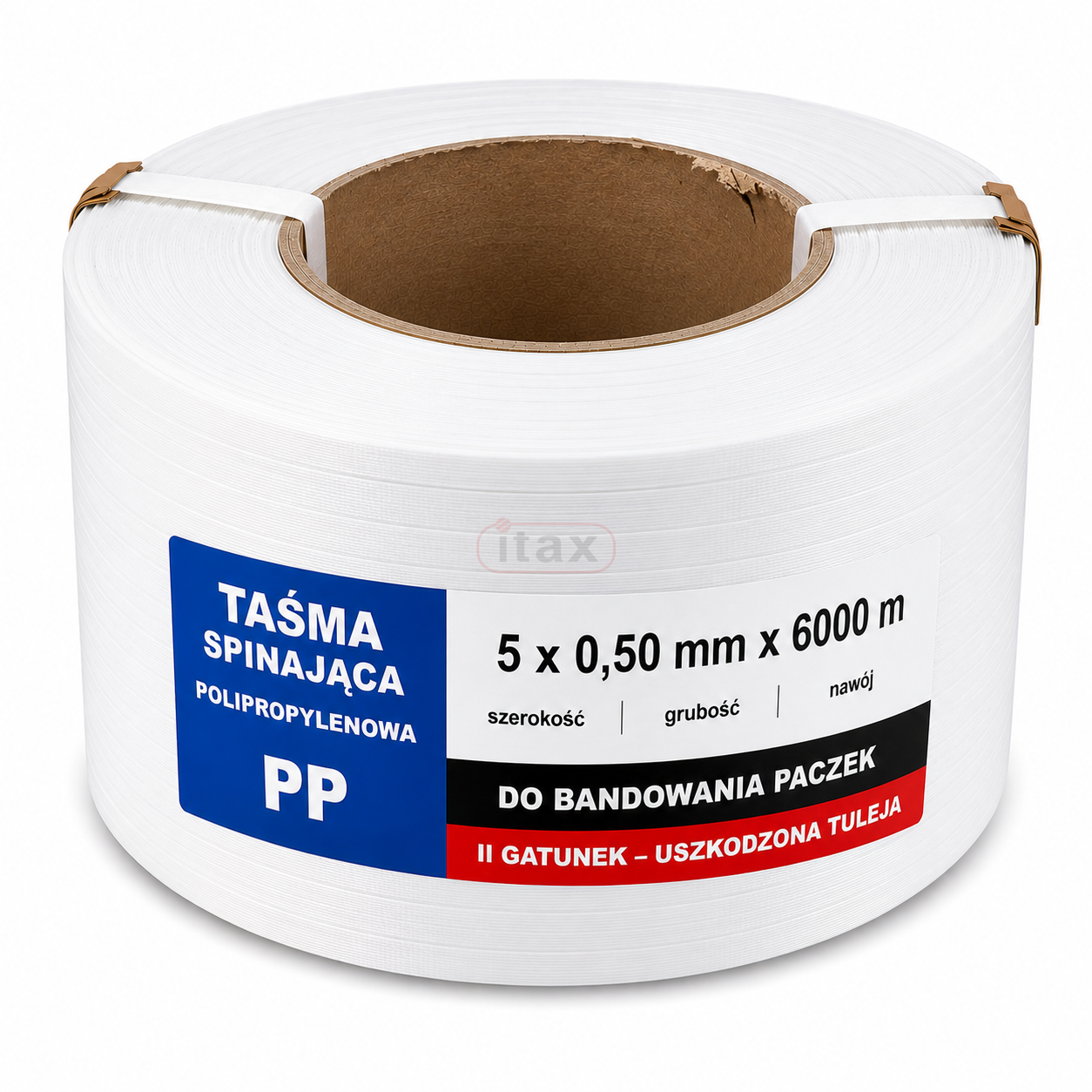 Taśma spinająca polipropylenowa 5 × 0,50 mm × 6000 m  II gatunek (uszkodzona tuleja)