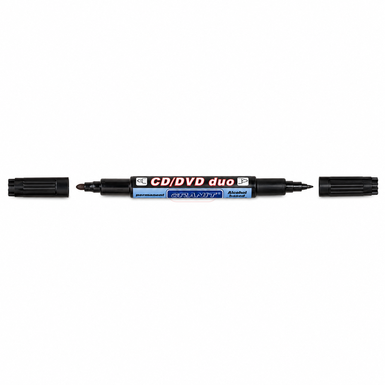 Czarny dwustronny marker wodoodporny M830 PICCOLO z cienką końcówką 0,7 mm oraz końcówką stożkową 1,5–2,5 mm do trwałego znakowania różnych powierzchni.