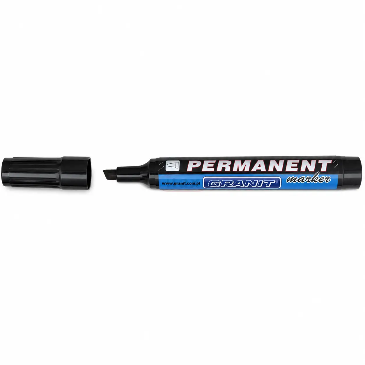 Czarny marker wodoodporny M861  ze ściętą końcówką 1–5 mm do trwałego i wyraźnego znakowania szkła, drewna, plastiku oraz ceramiki. Idealny do magazynu, warsztatu, biura i zastosowań domowych.