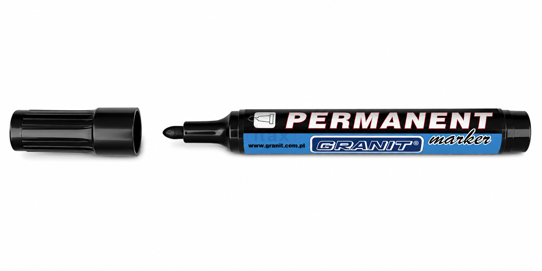 Czarny marker wodoodporny M860 z końcówką stożkową 3–4 mm do wyraźnego znakowania szkła, drewna, plastiku i ceramiki. Praktyczny do zastosowania w magazynie, warsztacie, biurze i domu.
