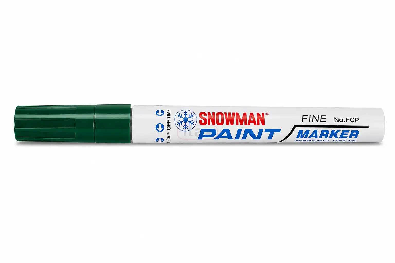 Zielony marker olejowy SNOWMAN o grubości linii 1–1,5 mm. Wodoodporny, szybkoschnący i permanentny marker w metalowej obudowie, przeznaczony do trwałego znakowania metalu, szkła, plastiku, drewna i innych powierzchni.