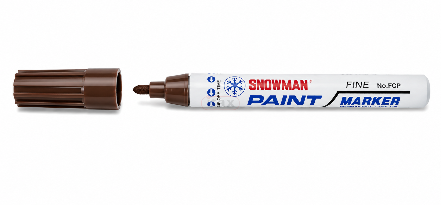 Brązowy marker olejowy SNOWMAN 1–1,5 mm na bazie farby olejnej. Wodoodporny i szybkoschnący, przeznaczony do trwałego znakowania metalu, szkła, plastiku, drewna, ceramiki oraz innych powierzchni.