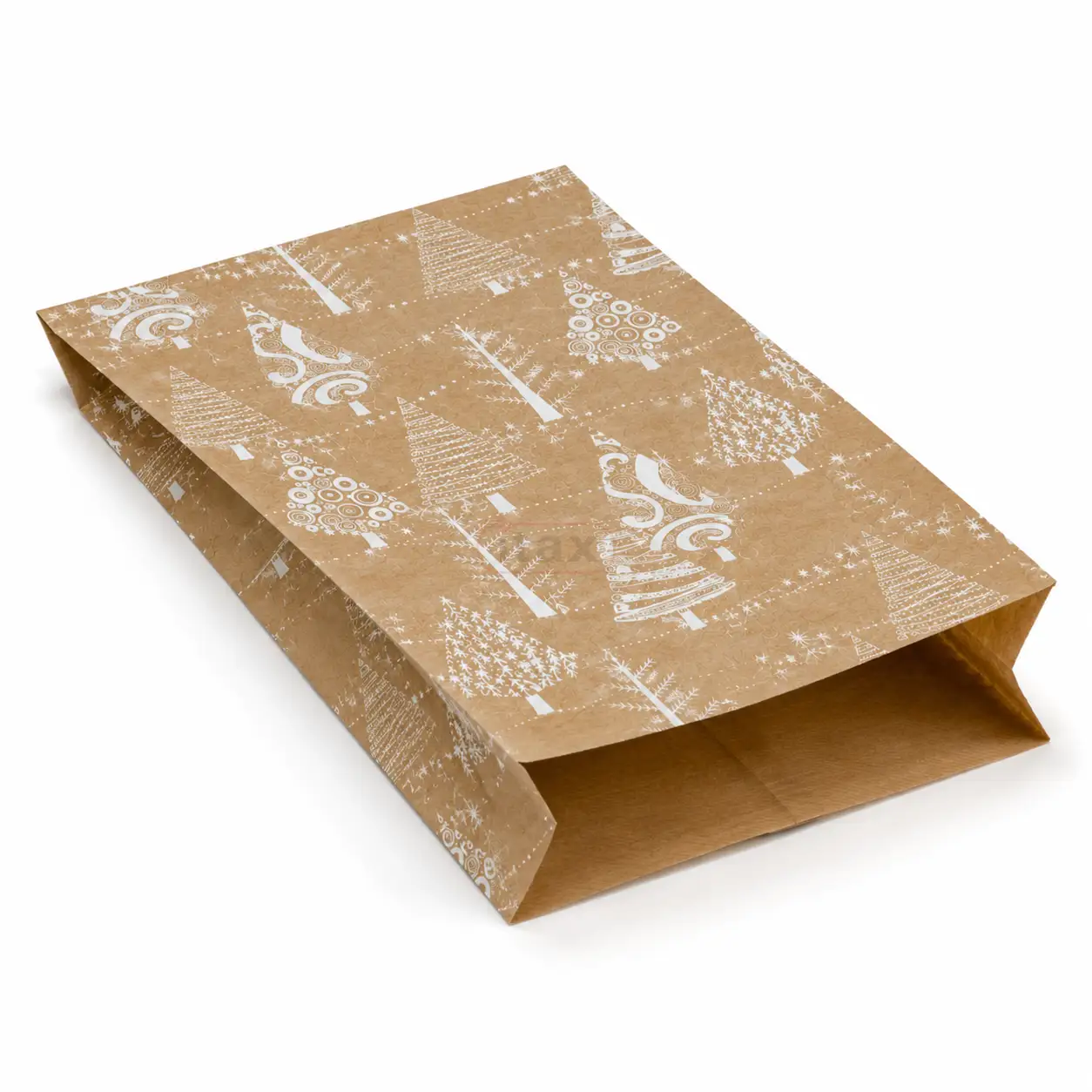 Brązowa torebka fałdowa KRAFT 16 × 20 + 8 cm z nadrukiem białych choinek, wykonana z papieru 60 gm², przeznaczona do pakowania prezentów i drobnych upominków..png