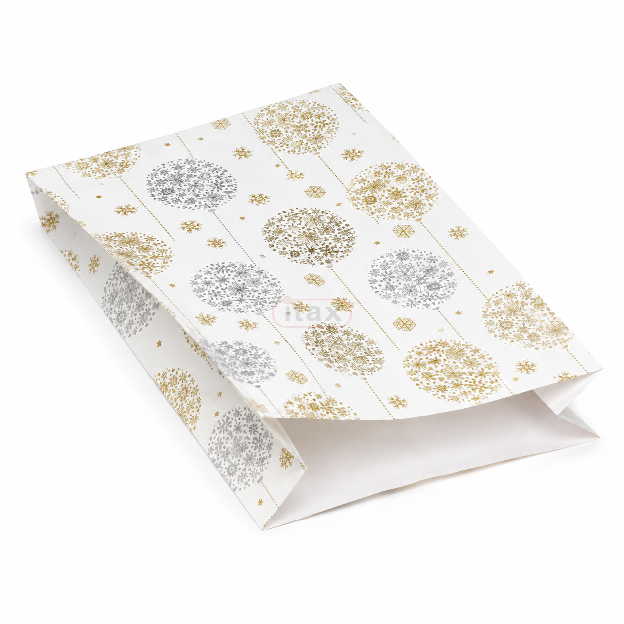 Biała papierowa torebka fałdowa 12 × 20 + 4,5 cm z dekoracyjnym wzorem bombek. Eleganckie opakowanie na drobne prezenty i świąteczne upominki..png