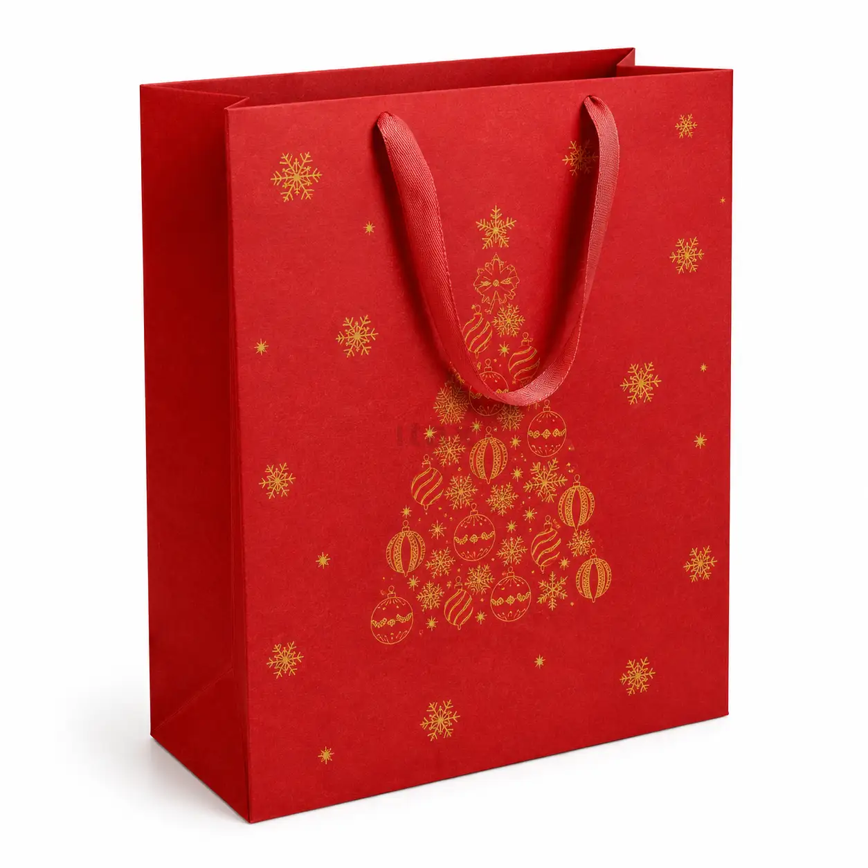 Czerwona torebka prezentowa KRAFT 250 × 130 × 330 mm z dekoracyjnym motywem choinki. Eleganckie opakowanie z papieru 180 g/m² na większe prezenty i świąteczne zestawy.png