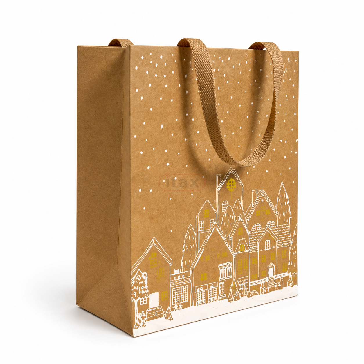 Elegancka torba papierowa KRAFT 20 × 10 × 17 cm z biało-złotym nadrukiem świątecznym i uchwytami z tasiemki. Solidne opakowanie prezentowe z papieru 180 g/m².png