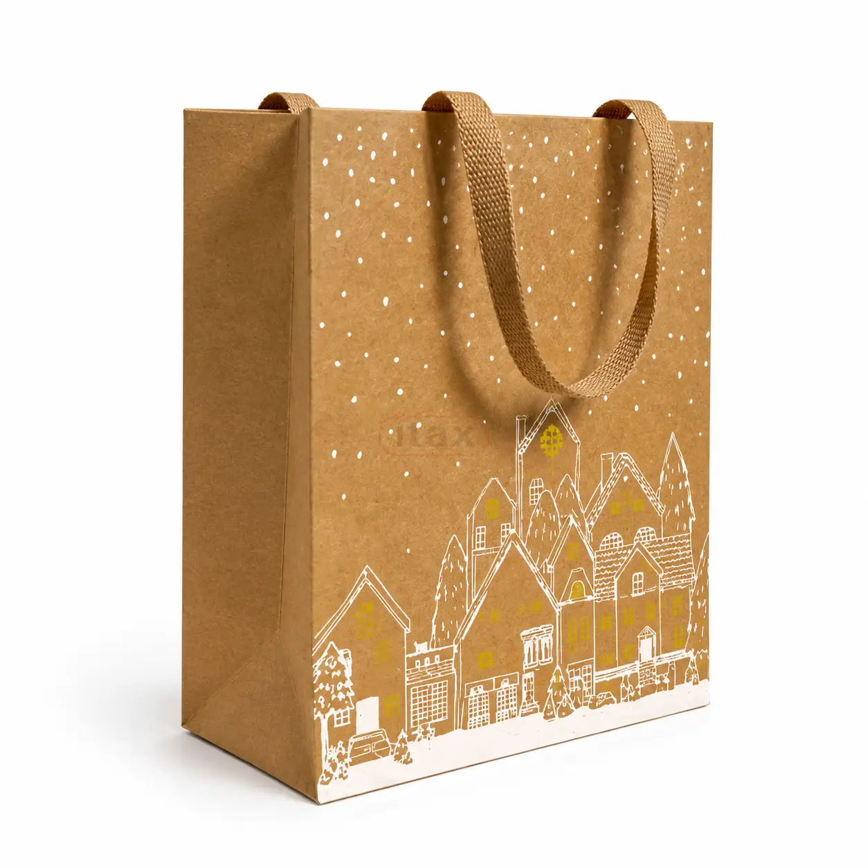 Elegancka torba papierowa KRAFT 18 × 10 × 23 cm z biało-złotym nadrukiem świątecznym i uchwytami z tasiemki. Solidne opakowanie prezentowe z papieru 180 g/m².png