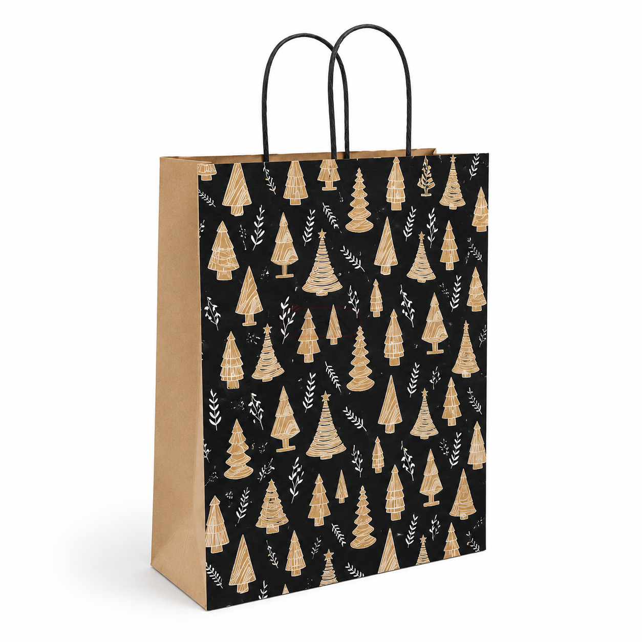 Biała torebka papierowa świąteczna 340 × 140 × 395 mm ze złoto-czarnym nadrukiem choinek i czarnymi skręcanymi uchwytami. Eleganckie opakowanie na większe prezenty i zestawy.png