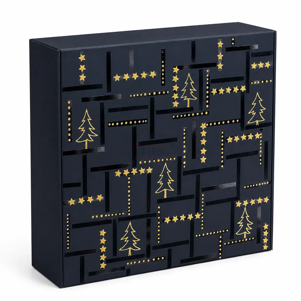 Eleganckie czarne pudełko prezentowe BLACK STAR 293 × 295 × 95 mm ze złotym dekoracyjnym wzorem. Stylowe opakowanie na prezenty i świąteczne zestawy upominkowe.png
