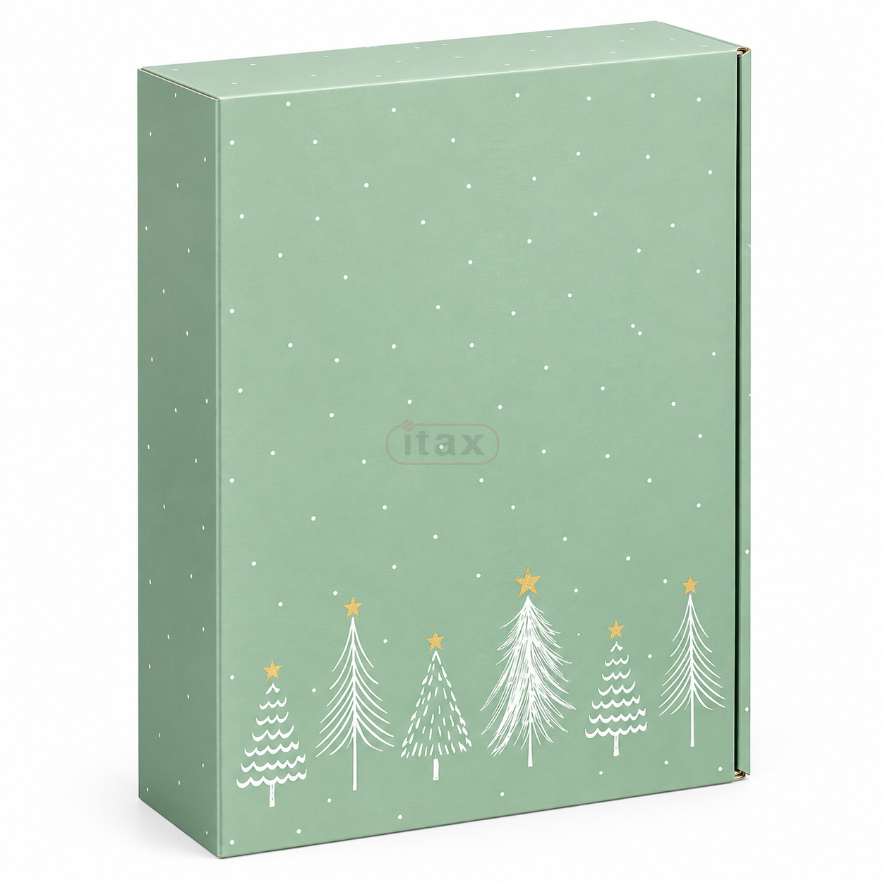 Świąteczne pudełko prezentowe Modern Christmas na 3 butelki 0,75 l seledynowe z białymi choinkami.png