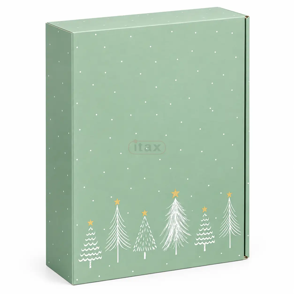 Świąteczne pudełko prezentowe Modern Christmas na 3 butelki 0,75 l seledynowe z białymi choinkami.png