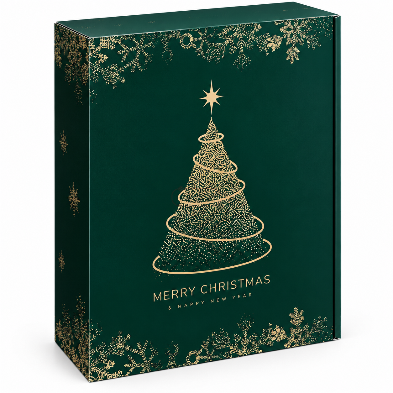 Świąteczne pudełko prezentowe Christmas Tree na 3 butelki 0,75 l zielone ze złotą choinką.png