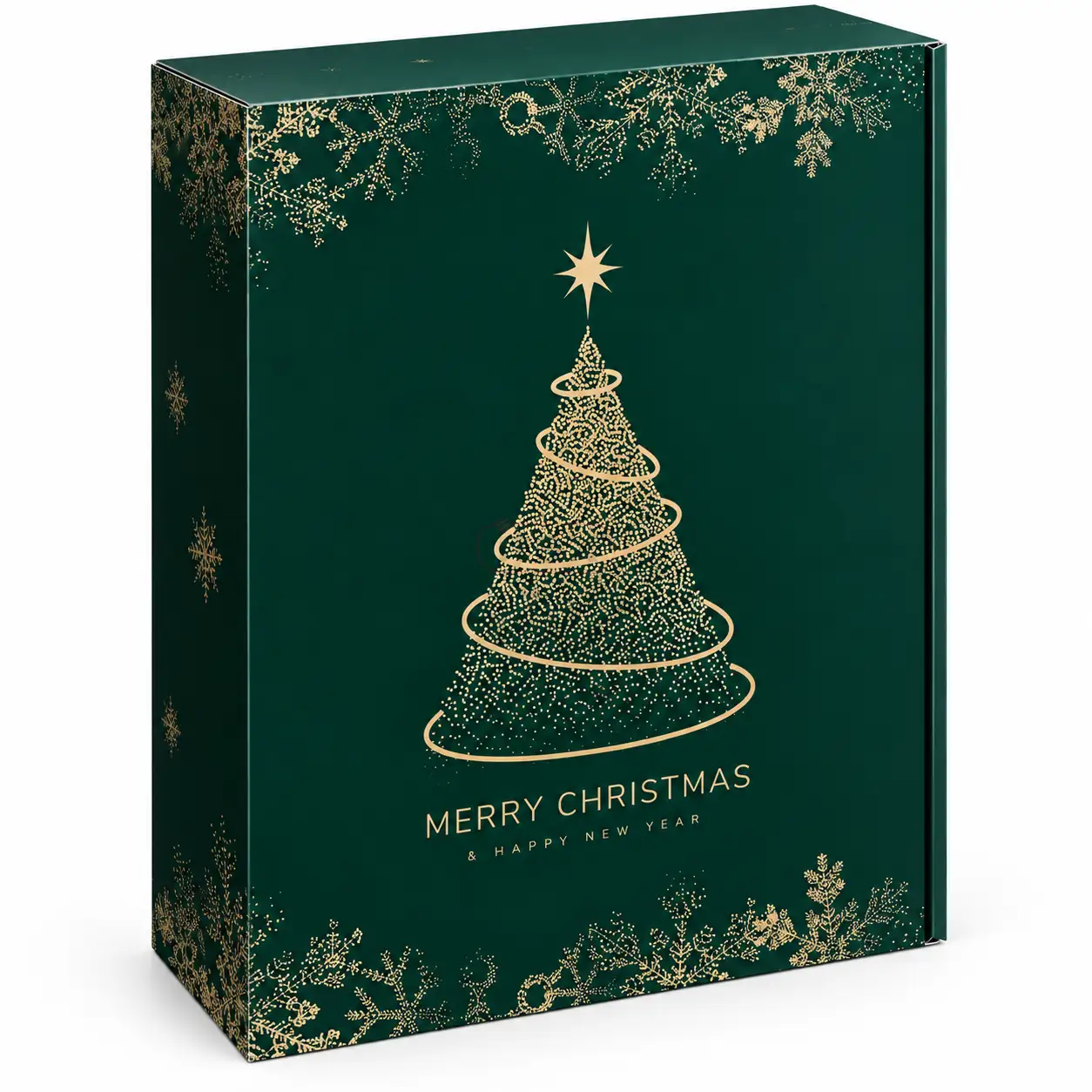 Świąteczne pudełko prezentowe Christmas Tree na 3 butelki 0,75 l zielone ze złotą choinką.png