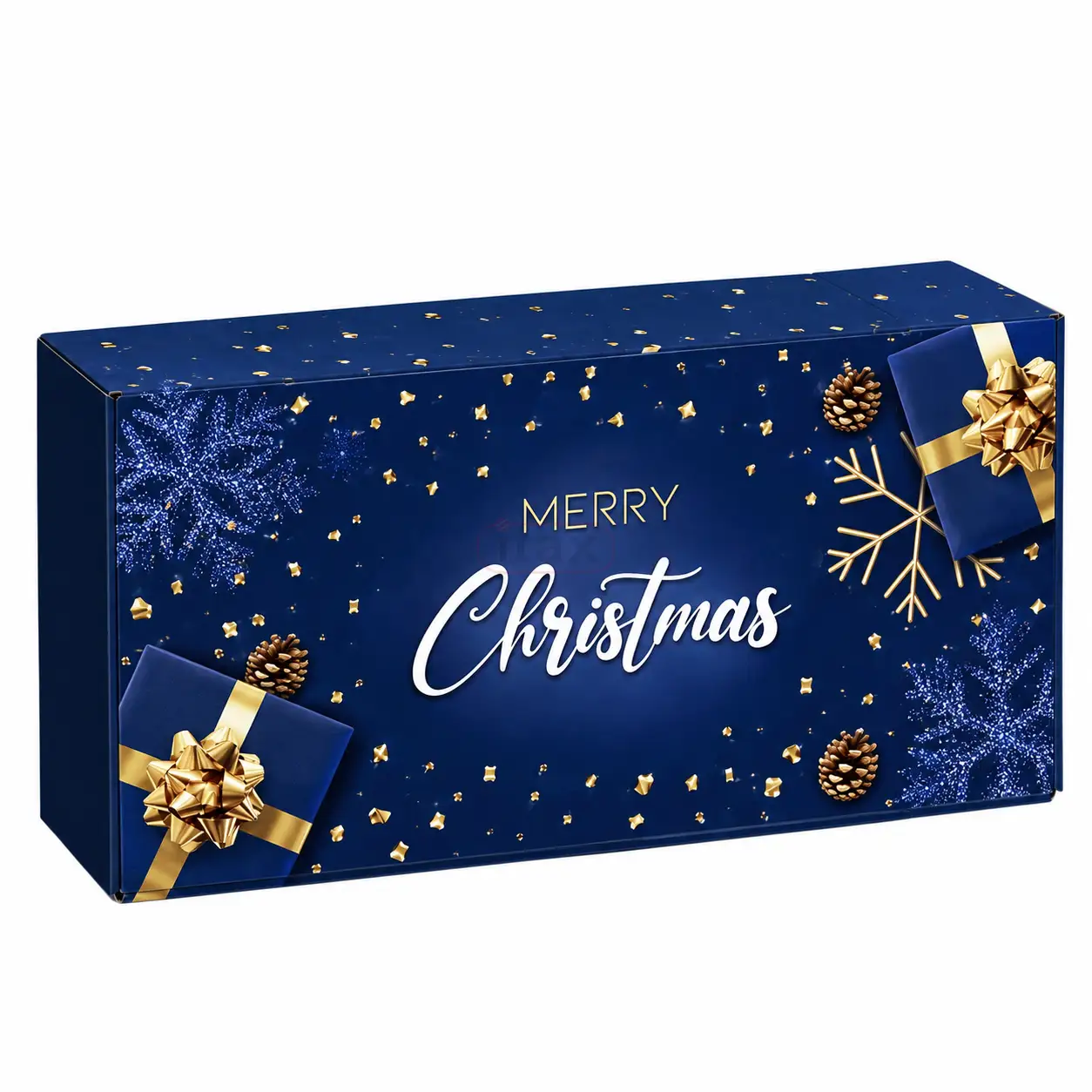Granatowy karton świąteczny MERRY CHRISTMAS 360x168x93 mm z wkładką na 2 butelki.png