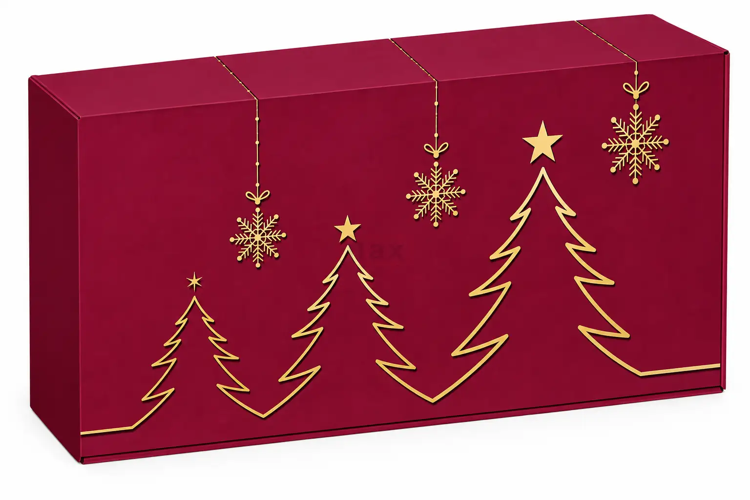 Karton świąteczny 360x260x93 mm ze złotymi choinkami z wkładką na 3 butelki.png