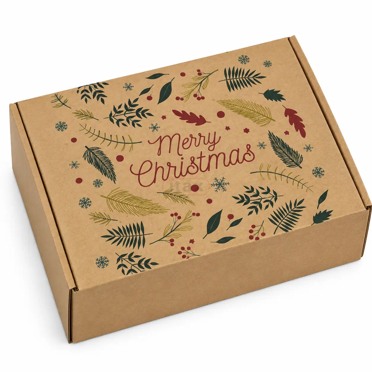 Brązowy karton świąteczny MARRY CHRISTMAS 350x250x90 mm z kolorowym nadrukiem.png