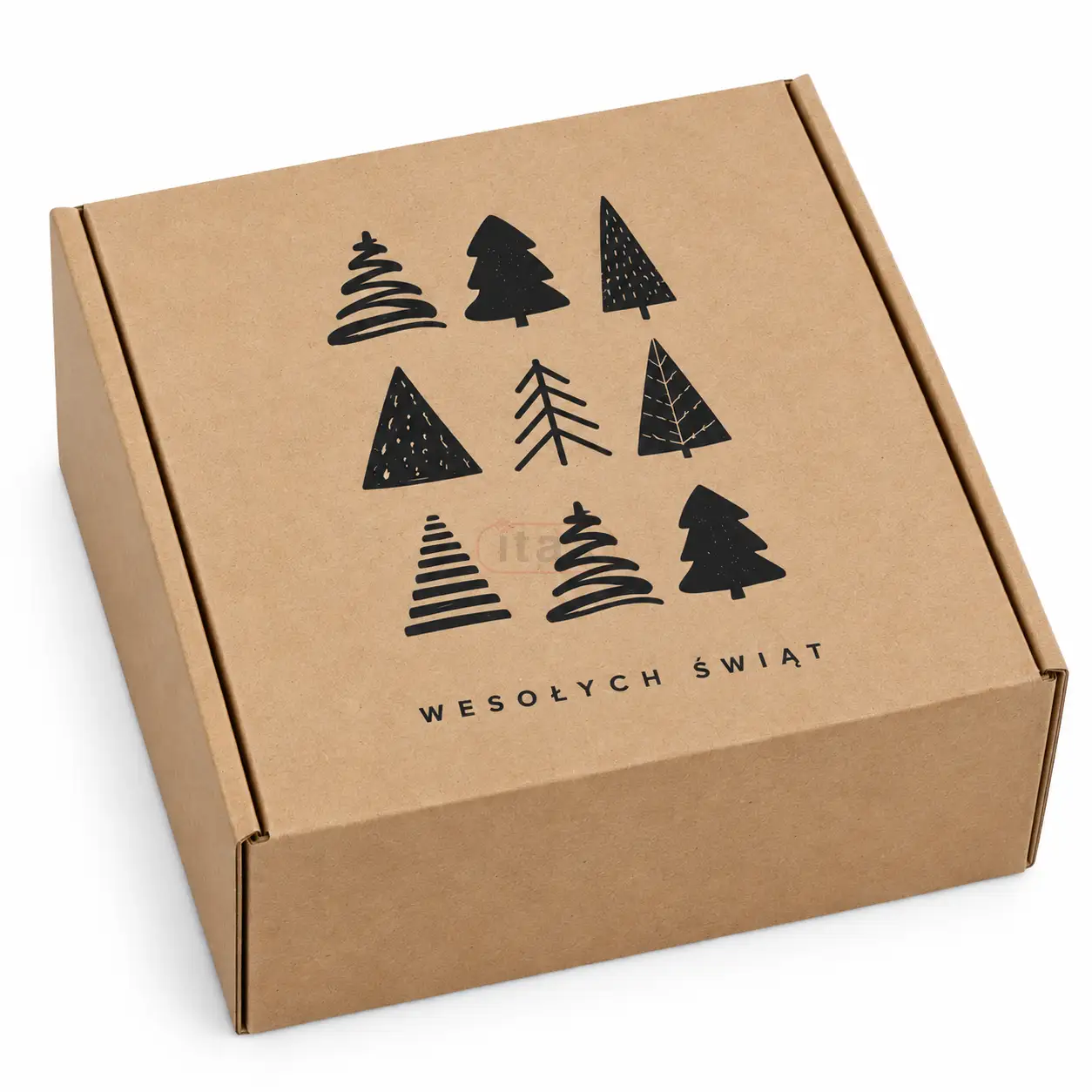 Brązowy karton świąteczny 300x300x110 mm z czarnym nadrukiem choinki.png