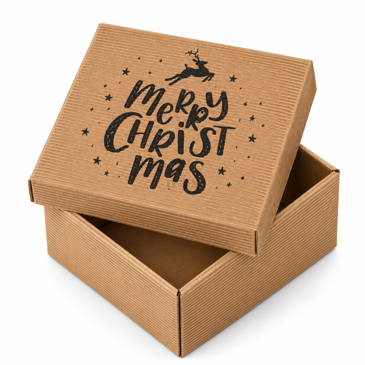Brązowy karton świąteczny z pokrywką MERRY CHRISTMAS 150x150x70 mm.png