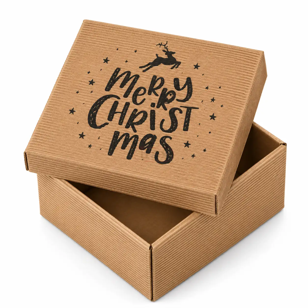 Brązowy karton świąteczny z pokrywką MERRY CHRISTMAS 150x150x70 mm.png
