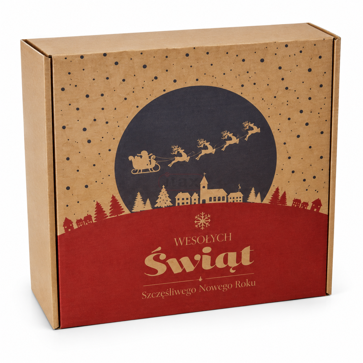 Brązowy karton świąteczny SANIE 300x300x110 mm z nadrukiem sań.png