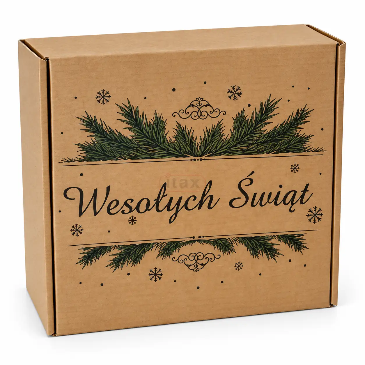 Brązowy karton świąteczny GAŁĄZKA 300x300x110 mm z nadrukiem gałązki.png