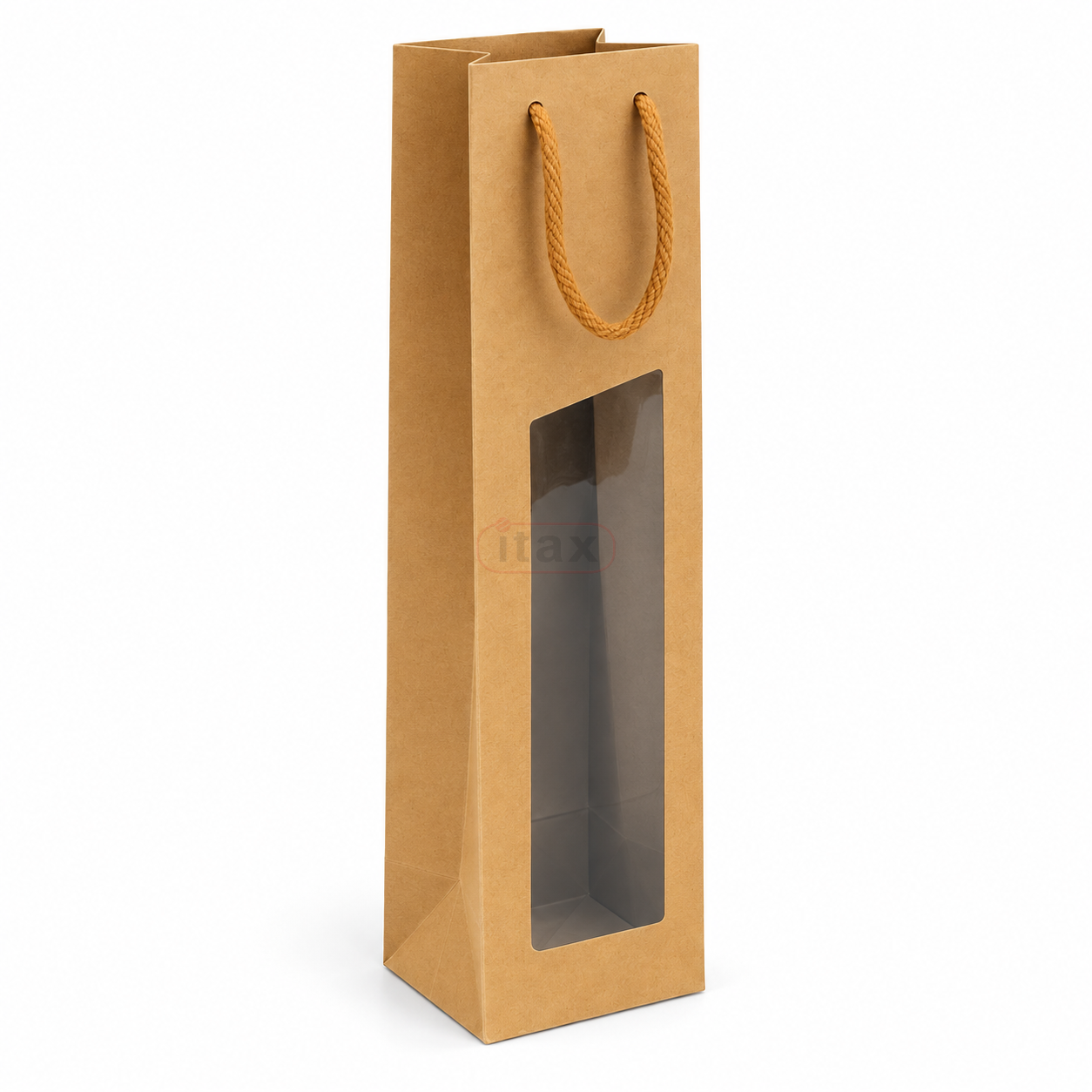 Brązowa torebka papierowa KRAFT z oknem na butelkę 9,5x9,1x38,5 cm.png