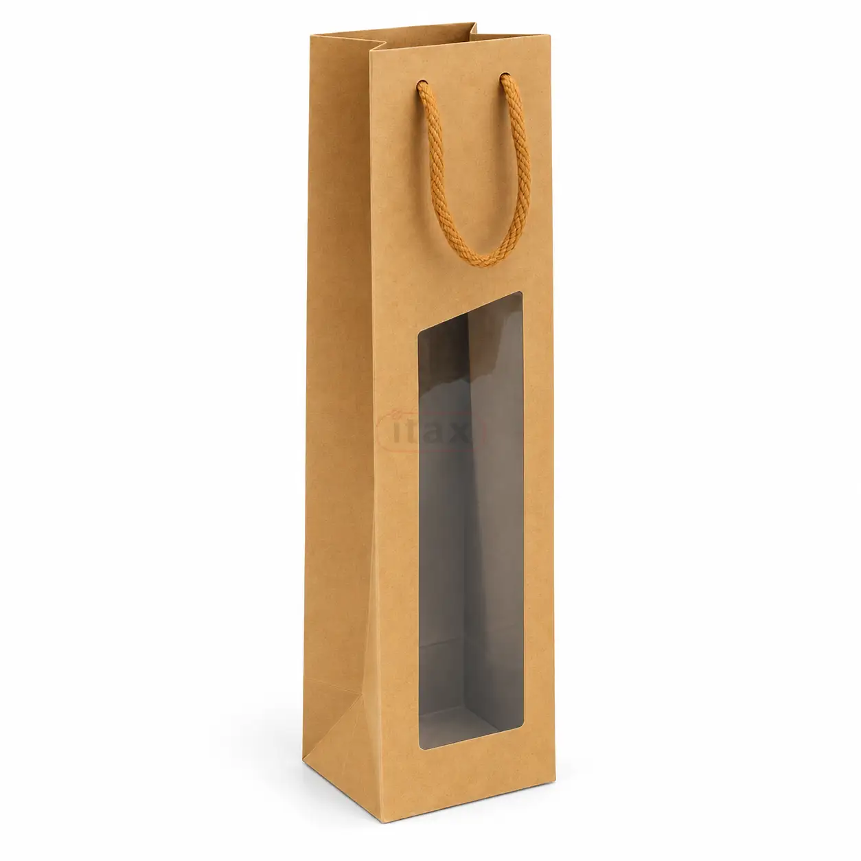 Brązowa torebka papierowa KRAFT z oknem na butelkę 9,5x9,1x38,5 cm.png