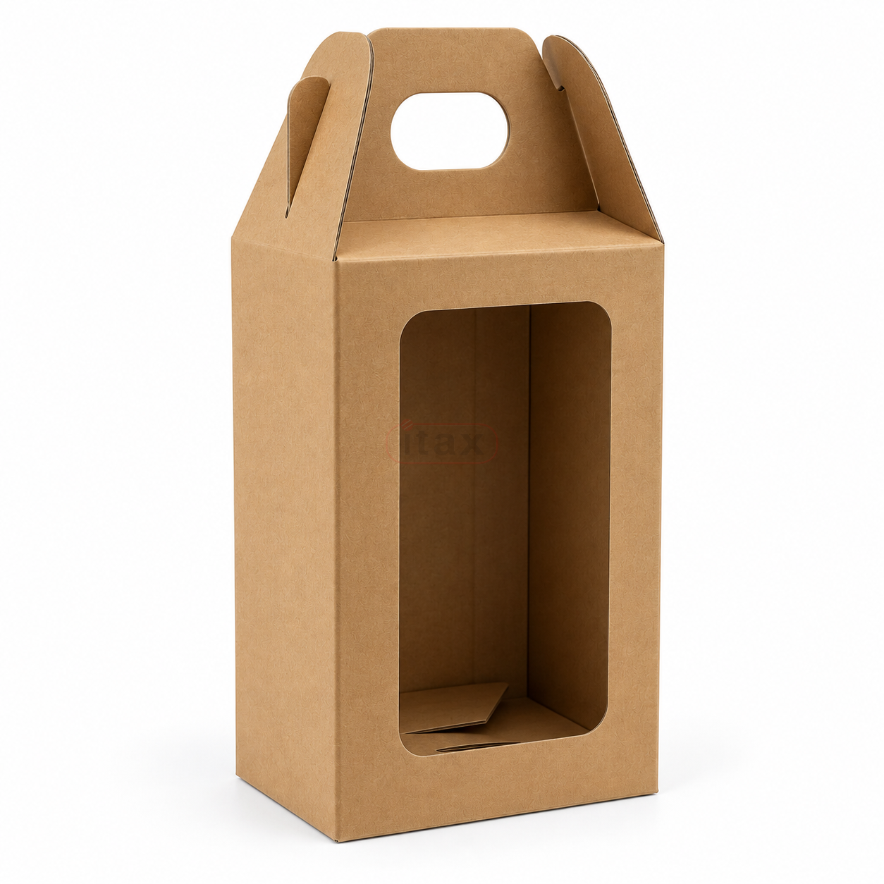 Brązowe pudełko kartonowe 90x90x130 mm z okienkiem i uchwytem.png