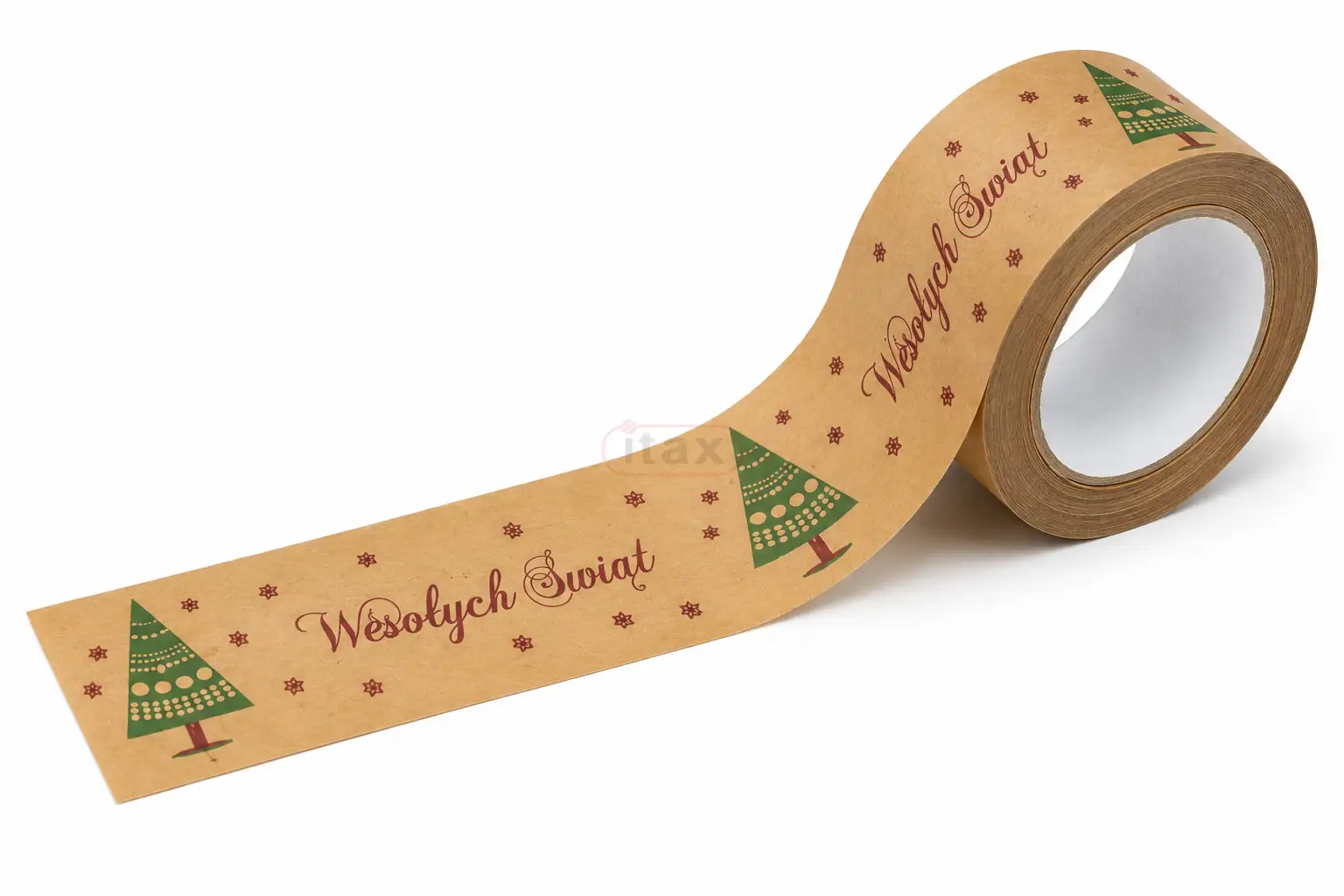 Brązowa taśma papierowa KRAFT z nadrukiem życzeń bożonarodzeniowych, szerokość 48 mm, długość 50 m, klej solvent.png